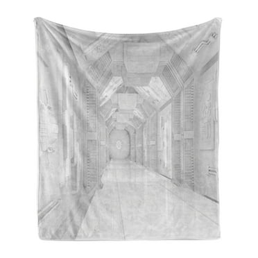 Outer Space Soft Flannel Fleece Throw Blanket, Extraterrestrial Construction to Visit Astronomical Bodies Cosmonaut Flight Theme, Cozy Plush for Indoor and Outdoor Use, 70" x 90", White, by Ambesonne
