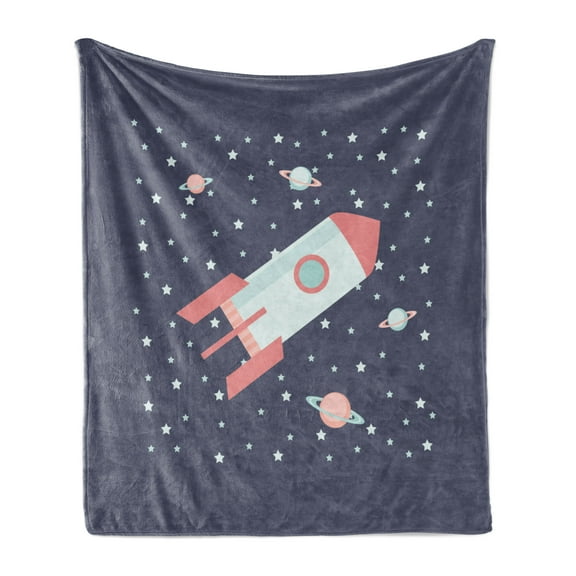 Outer Space Soft Flannel Fleece Throw Blanket, Galaxy Themed Cartoon with Rocket Stars and Planets, Cozy Plush for Indoor and Outdoor Use, 50" x 70", Coral Dark Indigo, by Ambesonne