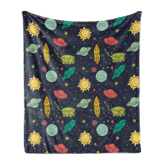 Outer Space Soft Flannel Fleece Throw Blanket, Galaxy Themed Image with Stars Planets Spacecrafts and Rockets, Cozy Plush for Indoor and Outdoor Use, 50" x 70", Multicolor, by Ambesonne