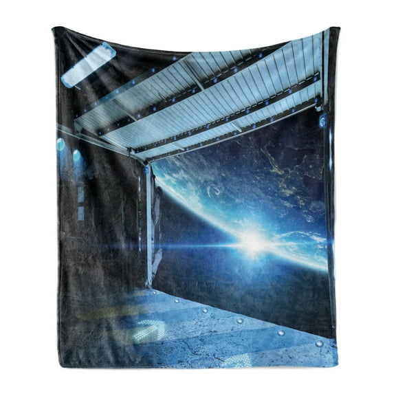 Outer Space Soft Flannel Fleece Throw Blanket, Interstellar Airlock Shuttle Runway Gate Journey to the Stars Invasion View, Cozy Plush for Indoor and Outdoor Use, 50" x 70", Blue Grey, by Ambesonne