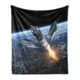 thumbnail image 1 of Outer Space Soft Flannel Fleece Throw Blanket, Launch of Cargo Spacecraft in Progress Rocket Takes off Cosmos Universe, Cozy Plush for Indoor and Outdoor Use, 70" x 90", Black Grey Blue, by Ambesonne, 1 of 5