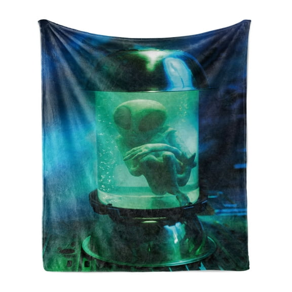 Outer Space Soft Flannel Fleece Throw Blanket, Martian UFO Alien in a Aquarium Like Tube Artwork Image, Cozy Plush for Indoor and Outdoor Use, 60" x 80", Pale Green Sky Blue, by Ambesonne