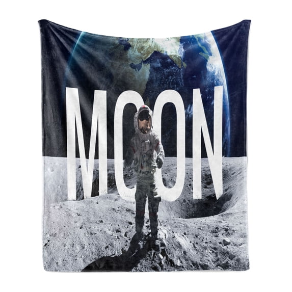 Outer Space Soft Flannel Fleece Throw Blanket, Moon Invasion of the Miniature Astronaut Stands on the Surface of World Image, Cozy Plush for Indoor and Outdoor Use, 50" x 60", Blue Grey, by Ambesonne