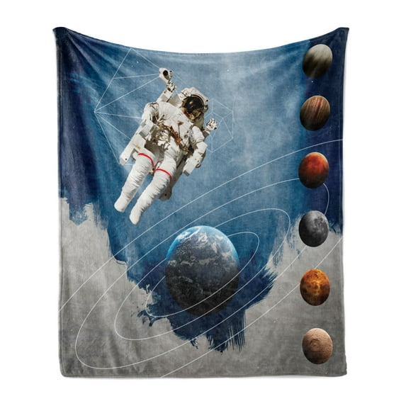 Outer Space Soft Flannel Fleece Throw Blanket, Planetary Circles with Geometric Neptune Astral Rocket Vintage Print, Cozy Plush for Indoor and Outdoor Use, 70" x 90", Multicolor, by Ambesonne
