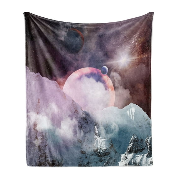 Outer Space Soft Flannel Fleece Throw Blanket, Planets in Space Natural Scenery Galaxy Print, Cozy Plush for Indoor and Outdoor Use, 70" x 90", Dried Rose Pale Pink, by Ambesonne