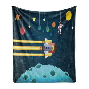 Outer Space Soft Flannel Fleece Throw Blanket, Rocket Ship Flying over the Moon with an Astronaut and Planets, Cozy Plush for Indoor and Outdoor Use, 50" x 70", Dark Teal and Multicolor, by Ambesonne