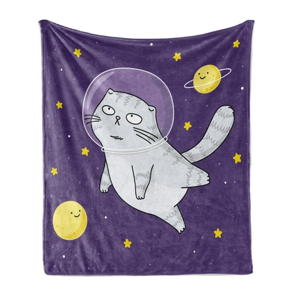 Outer Space Soft Flannel Fleece Throw Blanket, Scottish Fold Cat Astronaut in with Stars and Planets in the Sky, Cozy Plush for Indoor and Outdoor Use, 50" x 70", Quartz Mustard, by Ambesonne