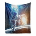 thumbnail image 1 of Outer Space Soft Flannel Fleece Throw Blanket, Spaceman in the Galaxy in Front of Nebula Gas Cloud Interstellar Art Print, Cozy Plush for Indoor and Outdoor Use, 50" x 60", Blue Yellow, by Ambesonne, 1 of 5
