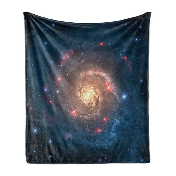 Outer Space Soft Flannel Fleece Throw Blanket, Spiral Galaxy Expanse Beyond Milky Way Planet Astral Space Art, Cozy Plush for Indoor and Outdoor Use, 70" x 90", Petrol Blue Peach, by Ambesonne