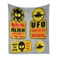 thumbnail image 1 of Outer Space Soft Flannel Fleece Throw Blanket, Warning Alien Ufo Sign Face of Martian Creature Danger Horror Theme Print, Cozy Plush for Indoor and Outdoor Use, 60" x 80", Black Yellow, by Ambesonne, 1 of 5