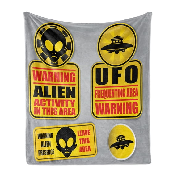 Outer Space Soft Flannel Fleece Throw Blanket, Warning Alien Ufo Sign Face of Martian Creature Danger Horror Theme Print, Cozy Plush for Indoor and Outdoor Use, 70" x 90", Black Yellow, by Ambesonne