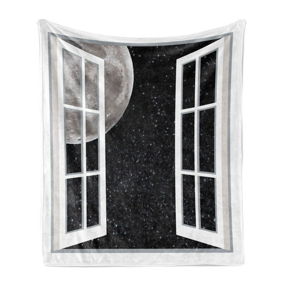 Outer Space Soft Flannel Fleece Throw Blanket, Window to the Universe Themed Arrangement Moon with Stars Illustration, Cozy Plush for Indoor and Outdoor Use, 60" x 80", Black Grey White, by Ambesonne