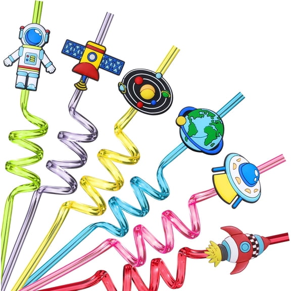 Outer Space Straws Party Favors for Theme Birthday Party Supplies with 2 Cleaning Brush | Solar System Rocket Spaceship Astronaut Satellite Planet Attachments (24+2)