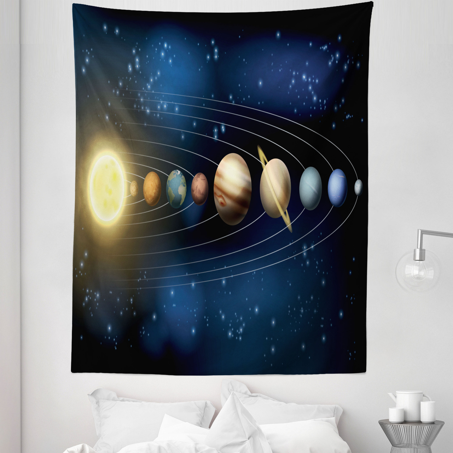 Outer Space Tapestry, Cartoonish Graphic of Solar System Planets and ...