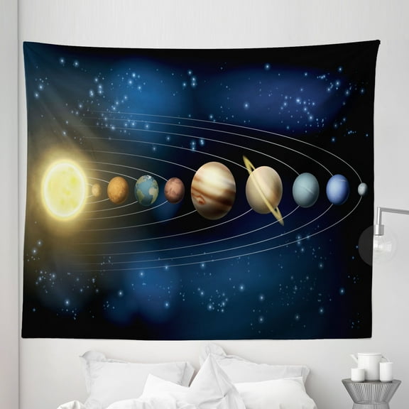 Outer Space Tapestry, Cartoonish Graphic of Solar System Planets and Sun Illustration, Fabric Wall Hanging Decor for Bedroom Living Room Dorm, 5 Sizes, Night Blue and Multicolor, by Ambesonne