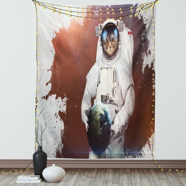 Outer Space Tapestry, Cute Kitty Cosmonaut on Earth World in front of Color Splash Surreal Design, Wall Hanging for Bedroom Living Room Dorm Decor, 60W X 80L Inches, Red White, by Ambesonne
