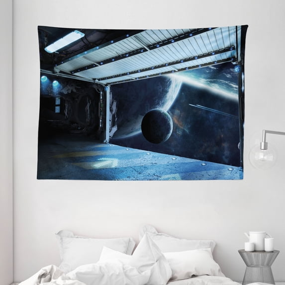 Outer Space Tapestry, Moon Before Station Planet Apocalypse Landing Alternative Humanoid Robots Print, Wide Wall Hanging for Bedroom Living Room Dorm, 80" X 60", Navy Blue, by Ambesonne