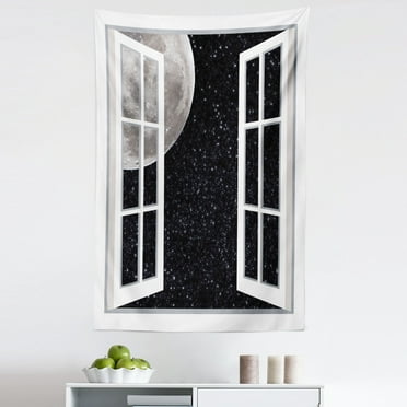 Outer Space Tapestry, Window to the Universe Themed Arrangement Moon with Stars Illustration, Fabric Wall Hanging Decor for Bedroom Living Room Dorm, 5 Sizes, Black Grey White, by Ambesonne