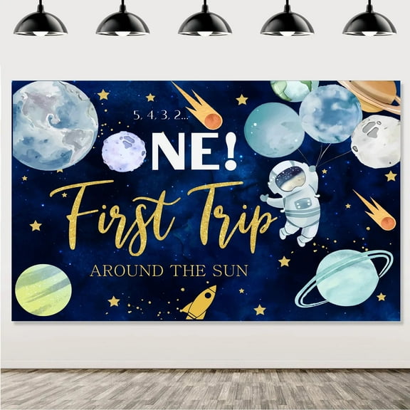 Outer Space Theme Backdrop for Boy, First Trip Around the Sun, Starry, Astronaut Party Decor, 1st Happy Birthday Banner
