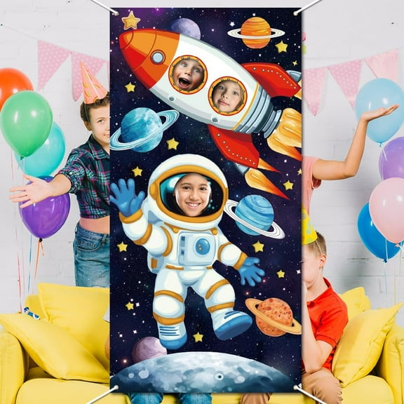 Outer Space Theme Party Decorations 5.9x3ft Space Rocket Photo Prop Backdrop Banner Astronaut Planet Face Photo Booth Party Birthday Favor Supply Colorful