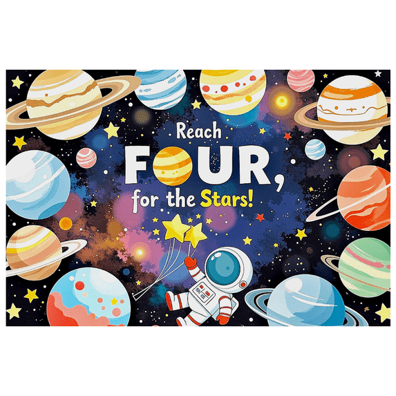 Outer Space Themed Colorful Banner with Astronaut Planets and Stars Reach Four for the Stars Party Decoration Backdrop Photography Props Kids Birthday Party Decor Background