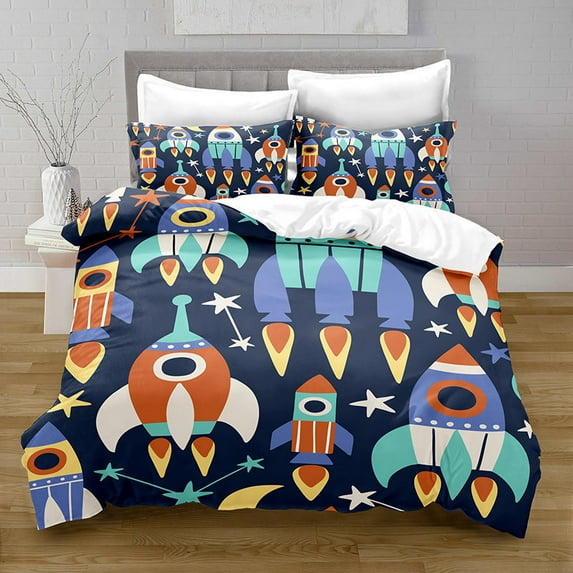 Outer Space Themed Kid Bedding Set Cartoon Rocket Planets Astronaut Duvet Cover King Space Adventure Polyester Quilt Cover