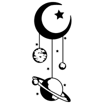 Outer Space Themed Vinyl Kids Bedroom Adhesive Wall Art Decoration Sticker 20" x 50" Moon Crescent Stars Hanging Planets Design Easy To Apply Home Living Room Wall Decal