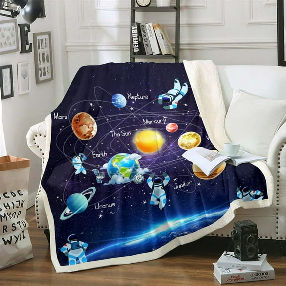 Outer Space Throw Blanket Planet Blanket, Solar System Fleece Blanket Teens Blue Galaxy Starry Sky Astronaut Print Fuzzy Blanket Universe Themed Sherpa Blanket 50"x60"