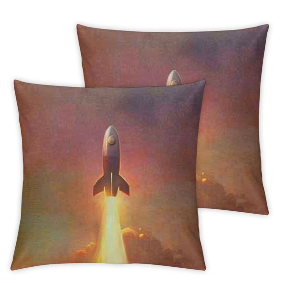 Outer Space Throw Pillow Cushion Cover, Illustration of Retro Rocket Flying to Sky Technology and Galaxy Theme, Decorative Square Accent Pillow Case Salmon Purple