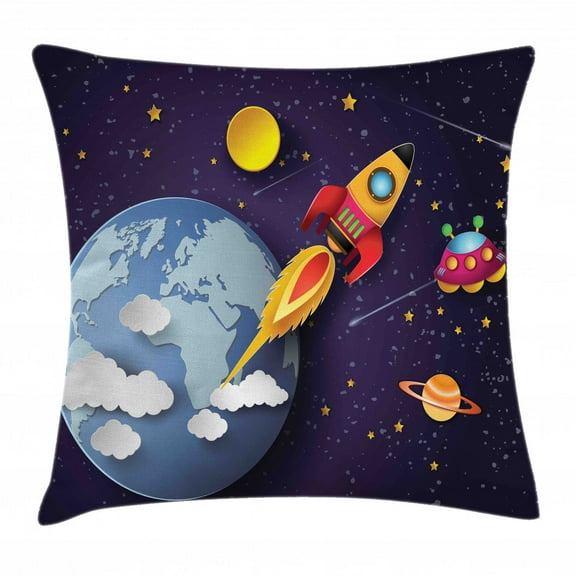 Outer Space Throw Pillow Cushion Cover, Rocket on Planetary System with Earth Stars Ufo Saturn Sun Galaxy Boys Print, Decorative Square Accent Pillow Case, 16 X 16 Inches, Multicolor, by Ambesonne