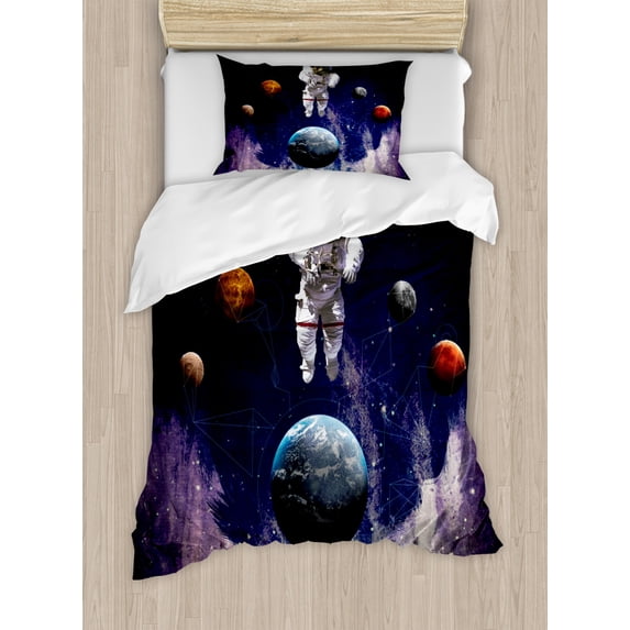 Outer Space Twin Size Duvet Cover Set, Astronaut in the Outer Space with the Planets Globe Satellite Energy Eternity Theme, Decorative 2 Piece Bedding Set with 1 Pillow Sham, Multi, by Ambesonne