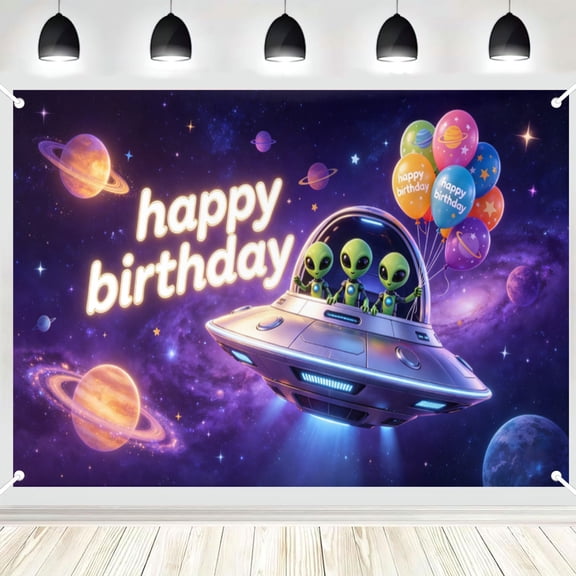 Outer Space UFO Alien Planet Happy Birthday Backdrop, Cosmic Theme Kids Birthday Party Photography Background Banner Decor 5x7ft