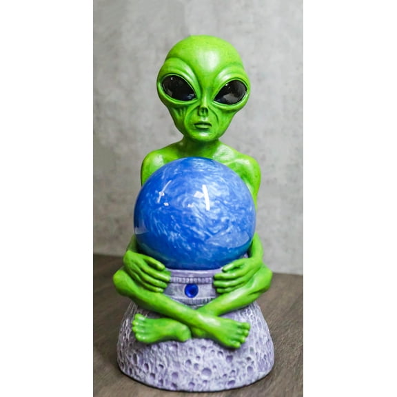 Outer Space UFO ET Roswell Alien Holding Sandstorm Earth Globe Ball Figurine
