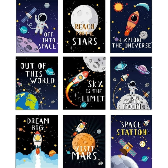 Outer Space Wall Art Decor Posters, Astronaut Canvas Wall Prints Solar System Planet Unframed Poster for Kids Nursery Bedroom Space Posters Decor, 8 x 10 Inch (9 Pcs)