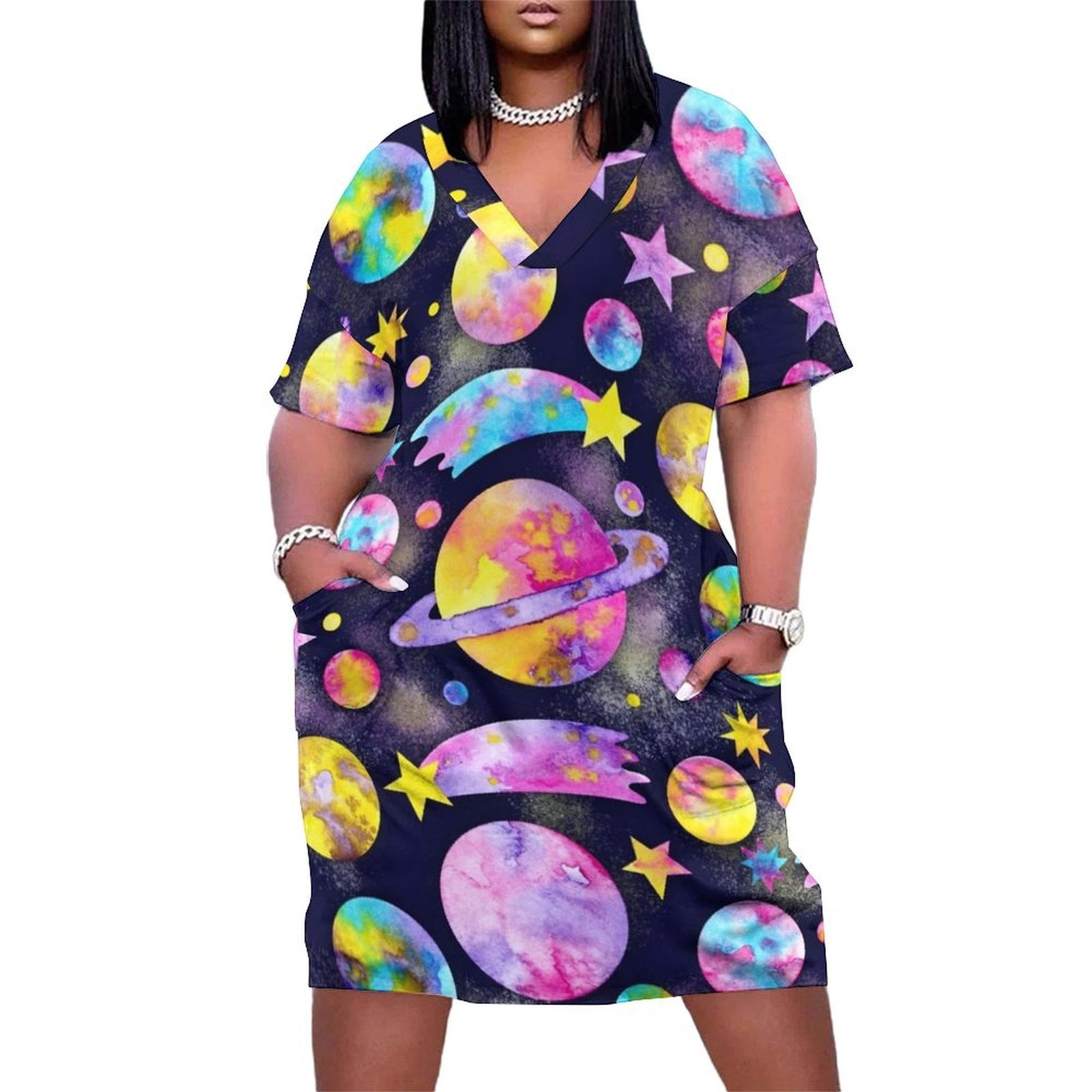 Outer Space Watercolour Planets All Over Pattern Loose Pocket Dress ...
