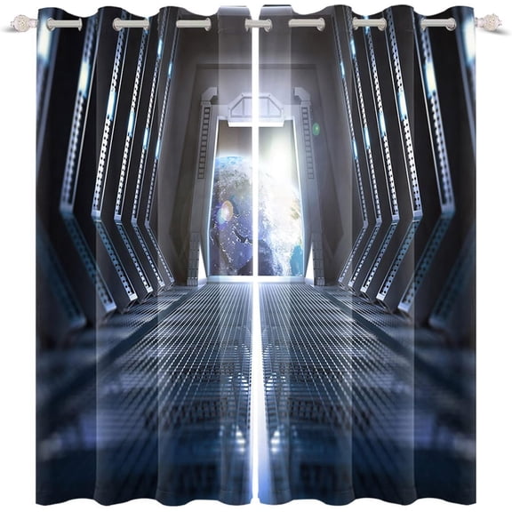 Outer Space Window Curtains, Inside Passage of Space Station View Earth Technology Blackout Drapes for Bedroom Living Room Home Decor-42"W x 45"L (Pack of 2)