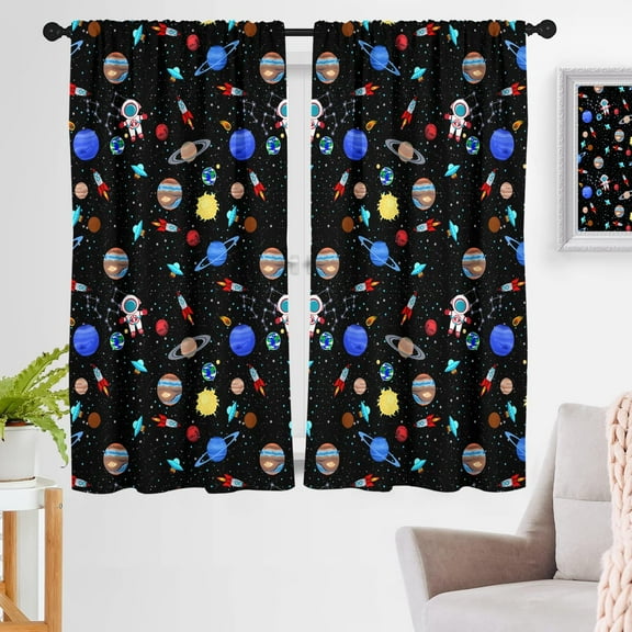 Outer Space Window Curtains Kids Boys Astronaut Galaxy Universe Planet Black Cartoon Gamer Rod Pocket 42" W x 63" L Curtains for Living Room Bedroom Bathroom Set of 2 Panels Rod Pocket Drapes