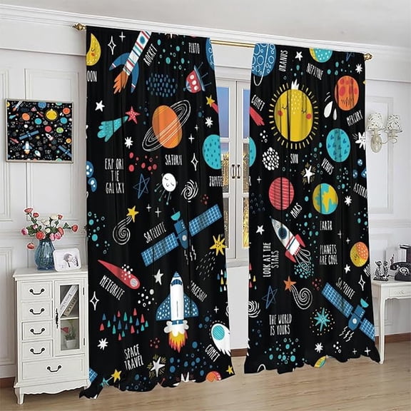 Outer Space Window Curtains For Kids Boys, Cartoon Galaxy Planets Theme Solar System Rocket Spaceship Print Window Drapes For Playroom Bedroom 26"W x 45"L (Pack of 2)