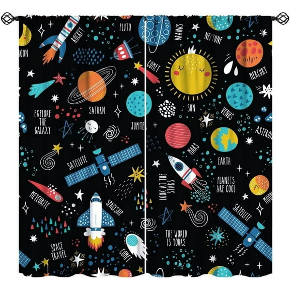 Outer Space Window Curtains for Kids Boys, Cartoon Galaxy Planets Theme Solar System Rocket Spaceship Print Window Drapes for Playroom Bedroom 55x39in