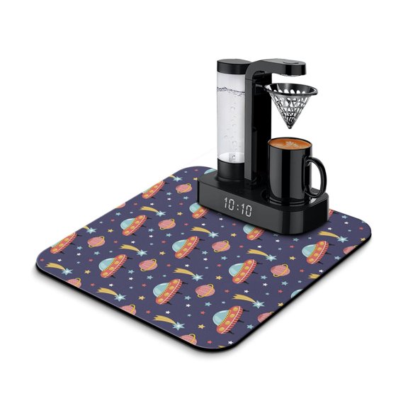 Outer Space and Starry Night Dish Drying Mat, Alien Spacecraft Absorbent Kitchen Mat