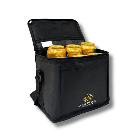 Outer Woods Insulated 6 Can Cooler Bag | Fits 6 x 500ml Beer Cans | Keep Cans Cool for up to 10 Hrs | with 2 Units of Ice Gel Packs (Black)