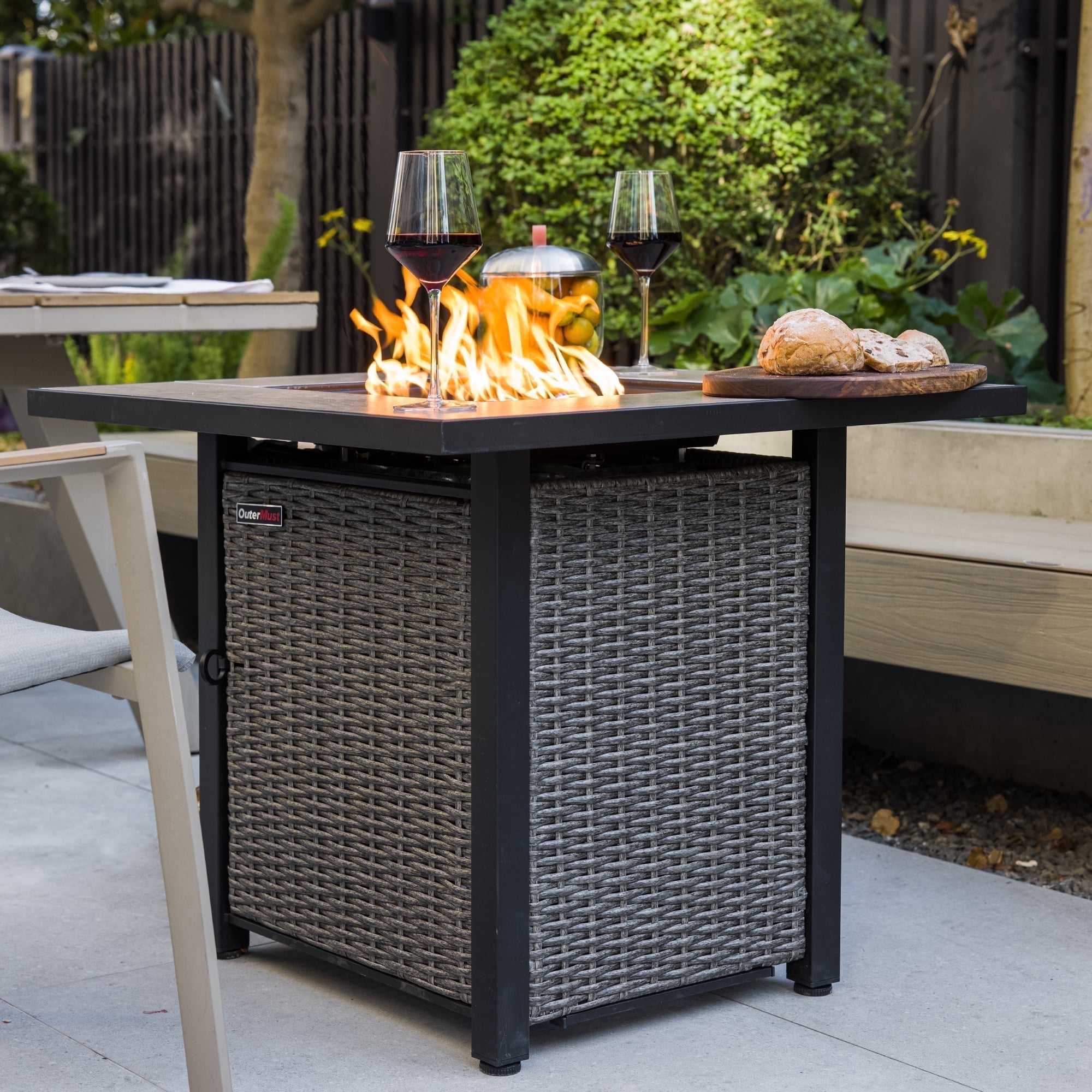 OuterMust 30"Propane Fire Pit Table, 50,000 BTU Electronic-Ignition Rattan Patio Gas Fire Pit with Lid & Blue Glass Bead, Outdoor Fireplace for Dining or Party