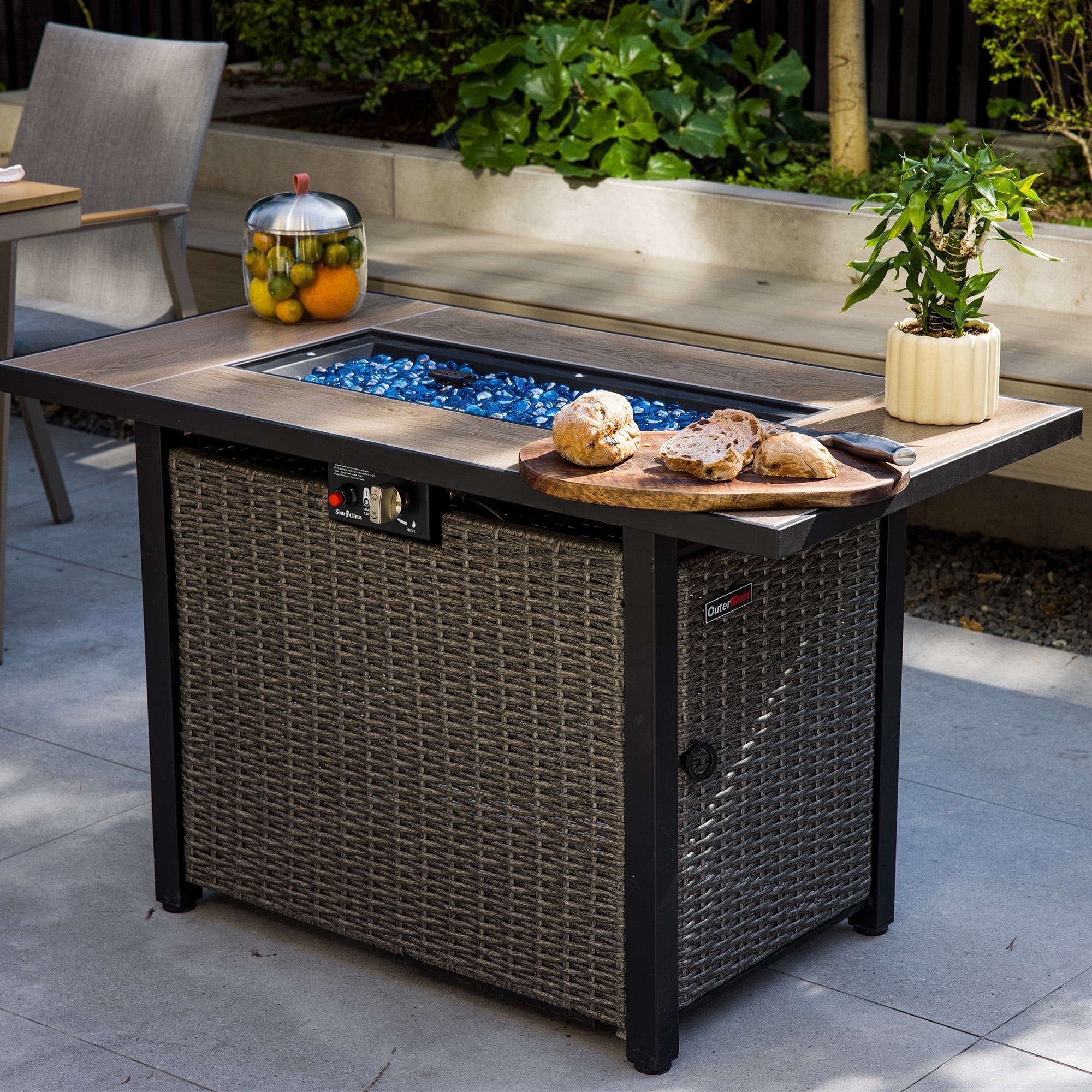 OuterMust 42”Outdoor Propane Fire Pit Table, 50,000 BTU Gas Hand-Woven Rattan Fire Pit with Lid & Blue Glass Bead for Patio Deck Garden