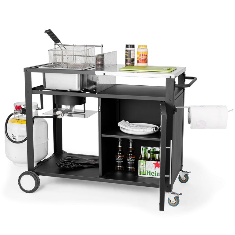 OuterMust Outdoor Grill Cart with Deep Fryer and Cabinet, Movable