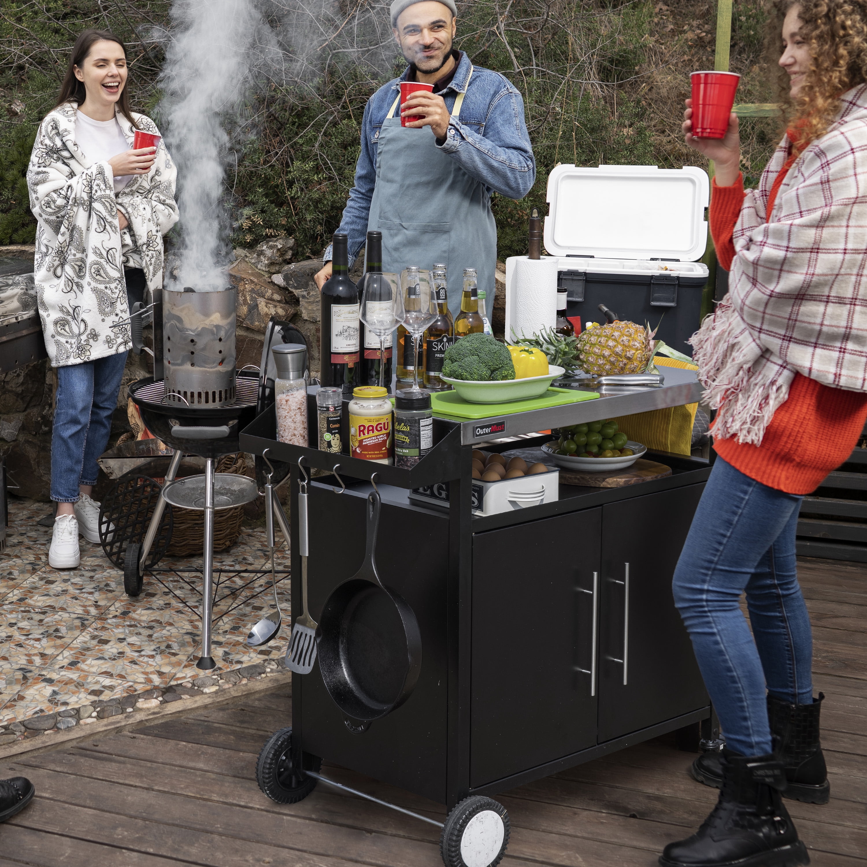OuterMust Outdoor Portable Grill Cart with Storage Cabinet Buffet Prep Tables for BBQ,Deck,Patio,Backyard