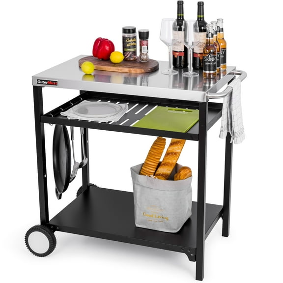 OuterMust Outdoor Three-Shelf  Grill Cart Moveable Pizza Oven and Food Prep Table with Wheels, Silver & Black