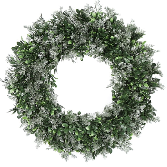 Outeriti 19 Inch Artificial Evergreen Wreath with Boxwood & Frosted Accents - Classic All-Season Faux Greenery for Front Door, Window, Fireplace (Indoor/Outdoor Use)