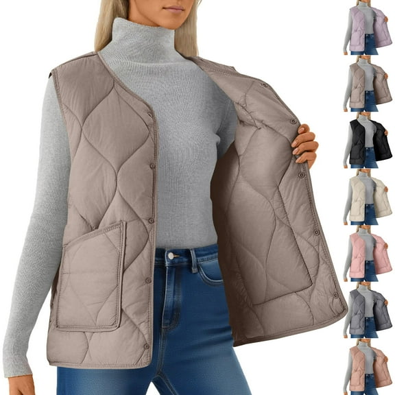 Women's Fashion Light Jacket Stand Collar Multicolor Zipper Button Coat for Fall and Winter, Double-Sided Cotton Vest, Winter Clothes for Women,Pink,L