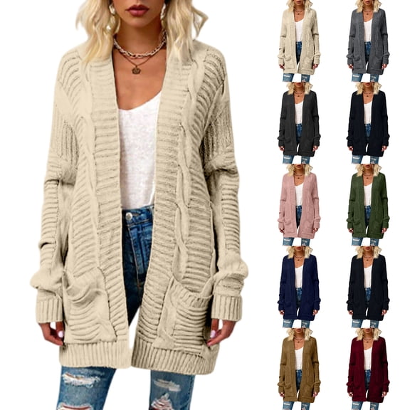 Fashionable Women's Knitted Cable Cardigan Sweater Mid-Length Twisted Rope Cardigan Coat for Fall and Winter, Cozy and Warm, Winter Clothes for Women,Beige,L