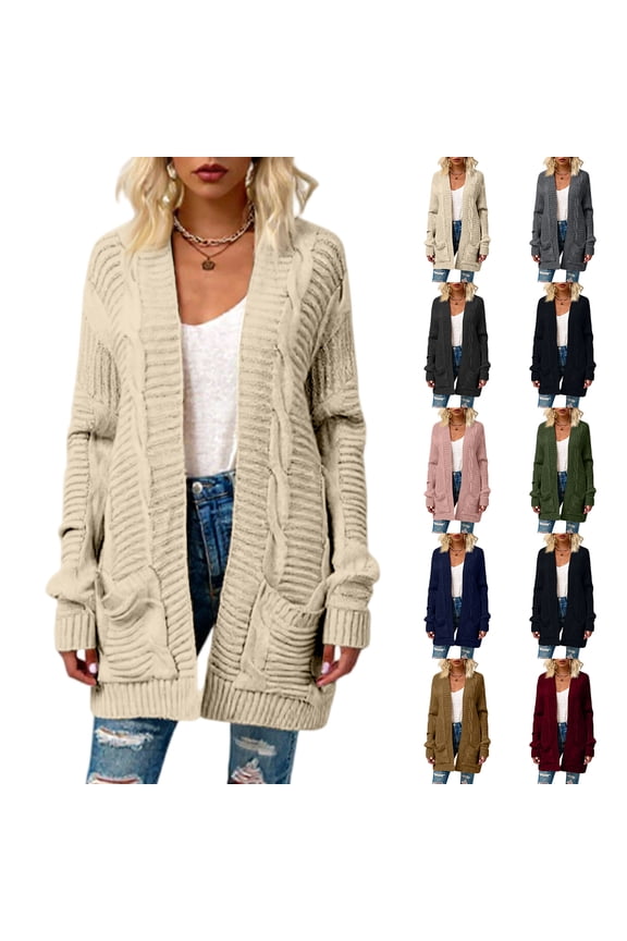 Fashionable Women's Knitted Cable Cardigan Sweater Mid-Length Twisted Rope Cardigan Coat for Fall and Winter, Cozy and Warm, Winter Clothes for Women,Beige,L